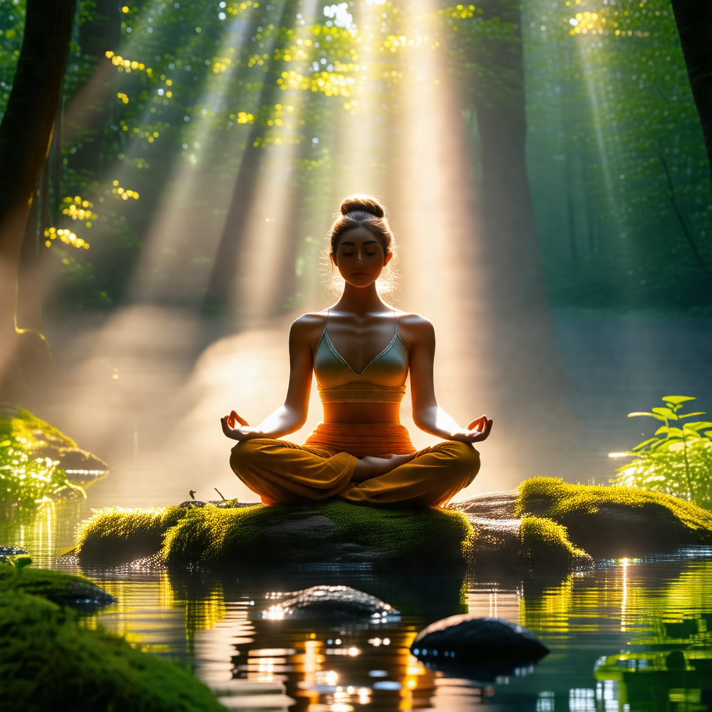Woman sitting in a forest, surrounded by trees and rocks