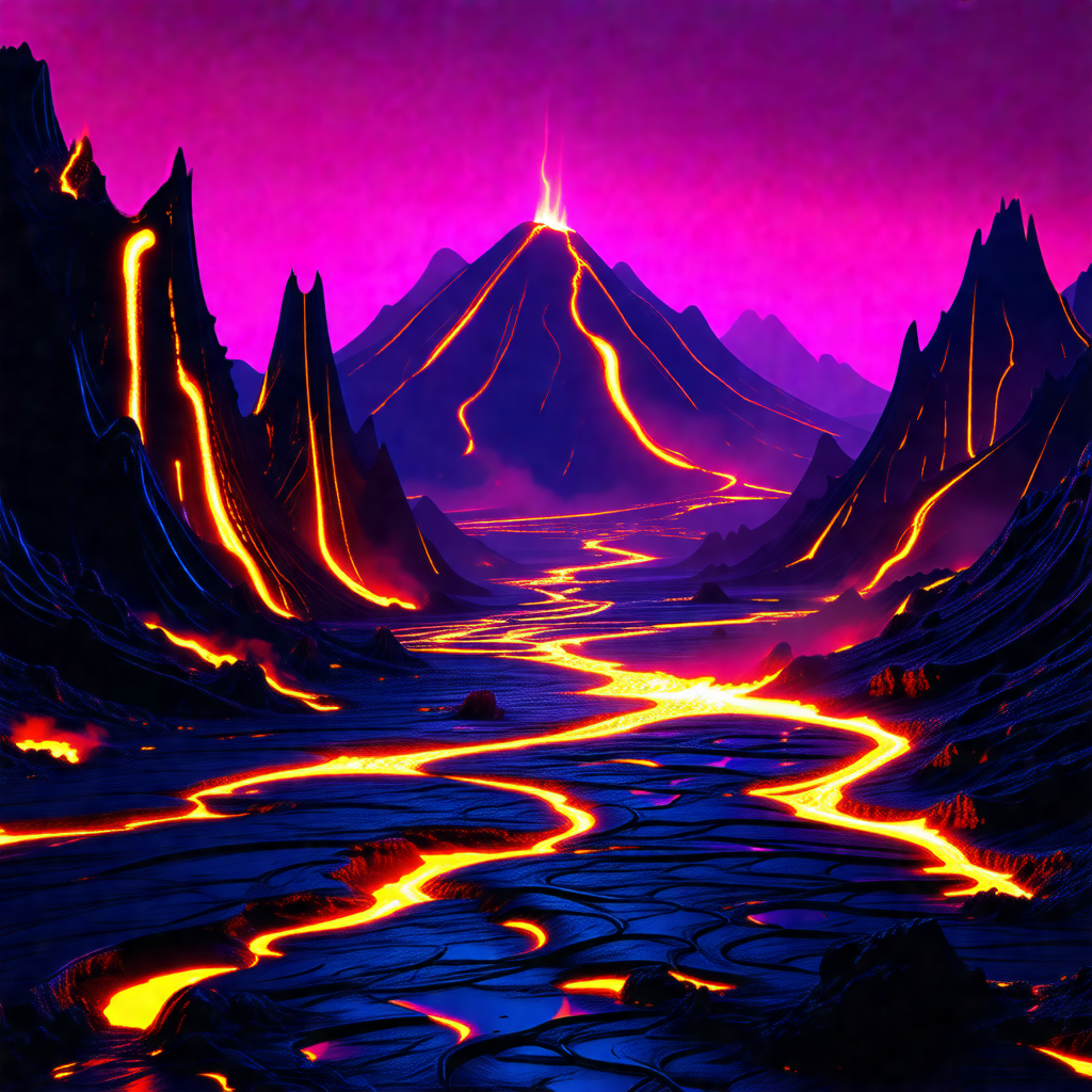 Colorful, artistic depiction of a volcano with a river of...