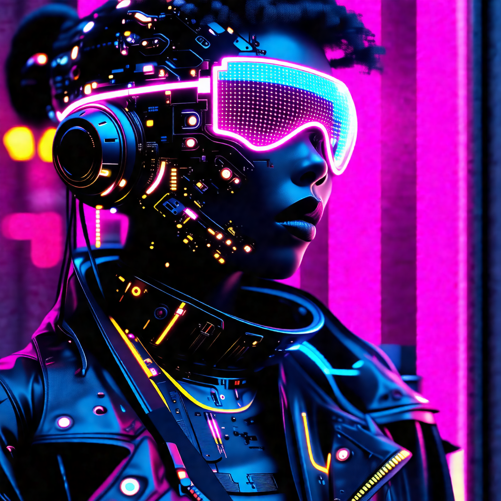 Woman wearing a futuristic outfit, including a black jack...
