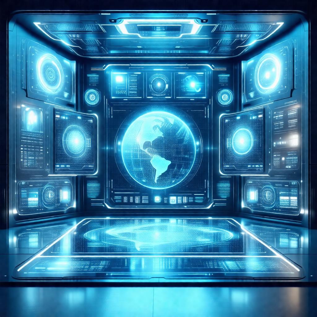 Futuristic room with a large, blue globe in the center