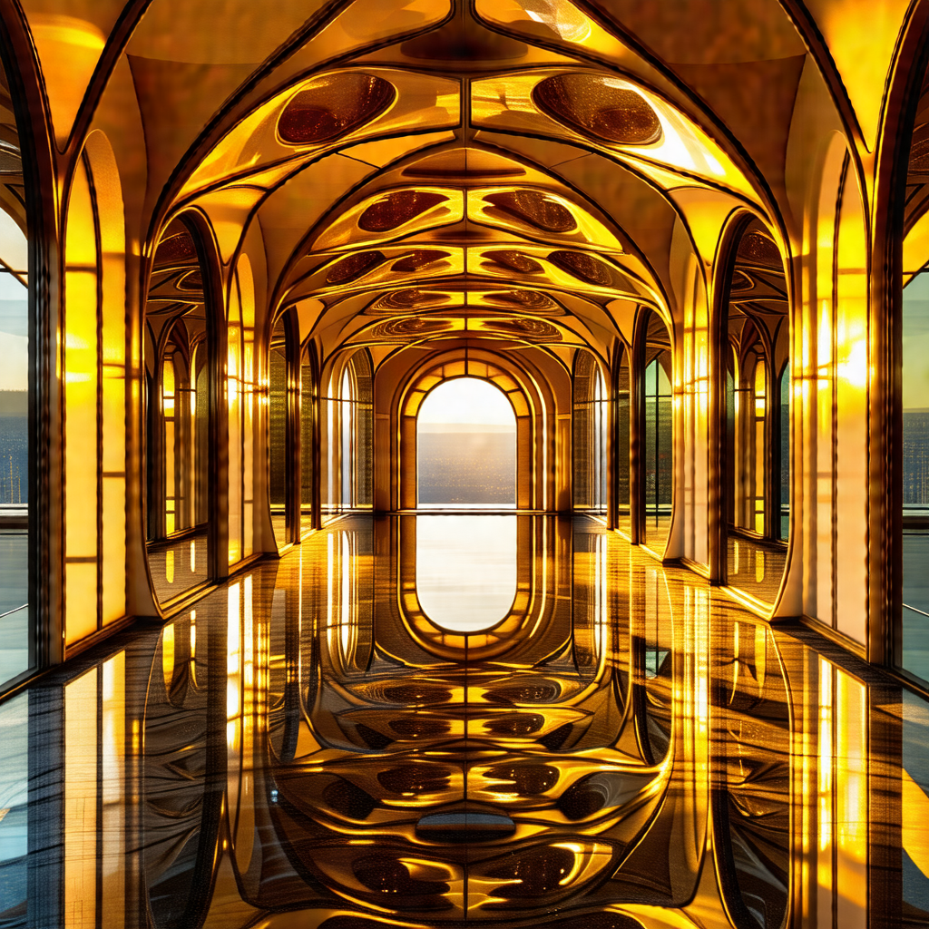 Long, narrow hallway with a reflective surface, likely a ...
