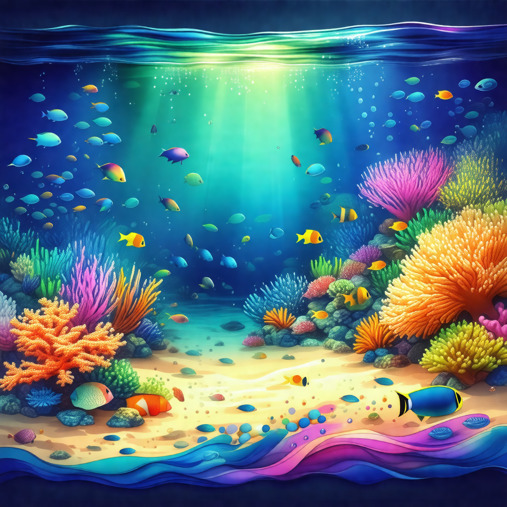Colorful and vibrant painting of a coral reef, featuring ...
