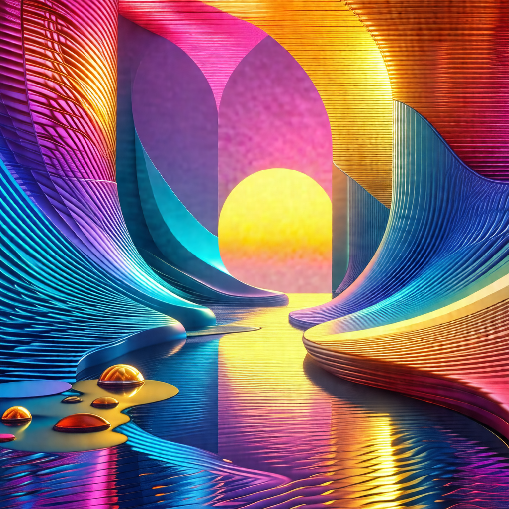 Colorful, three-dimensional artwork featuring a river wit...