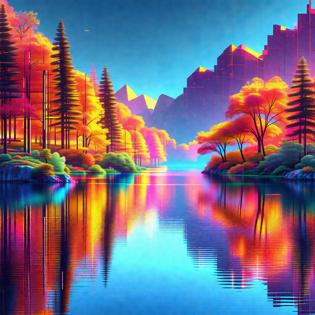 Colorful painting of a forest with a body of water, possi...