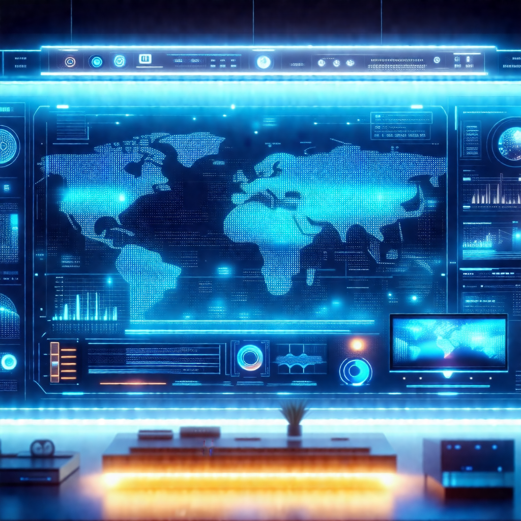 Futuristic computer screen with a map of the world displa...