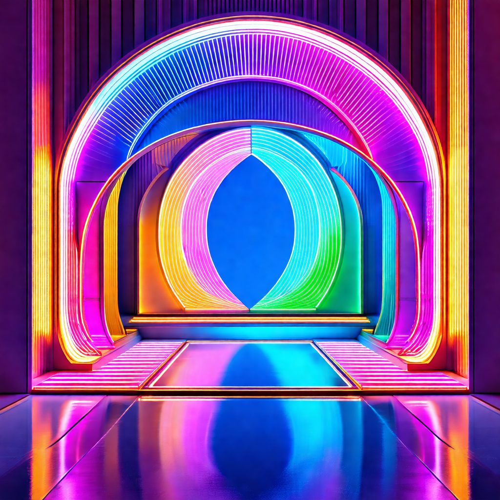 Large, colorful tunnel with a rainbow-colored lighting ef...