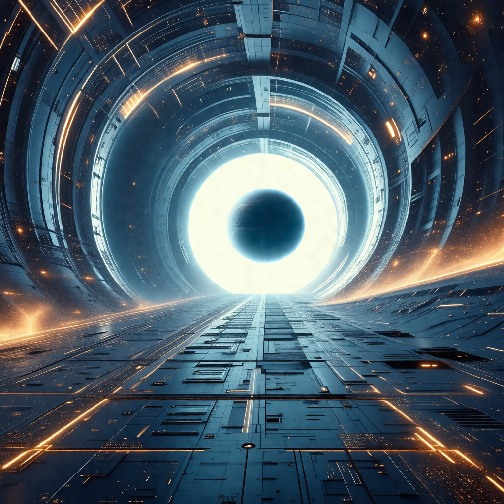 Futuristic scene featuring a large, open, and dark tunnel