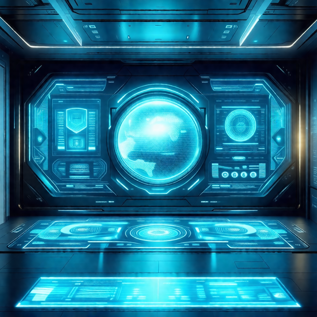Futuristic room with a blue and white color scheme