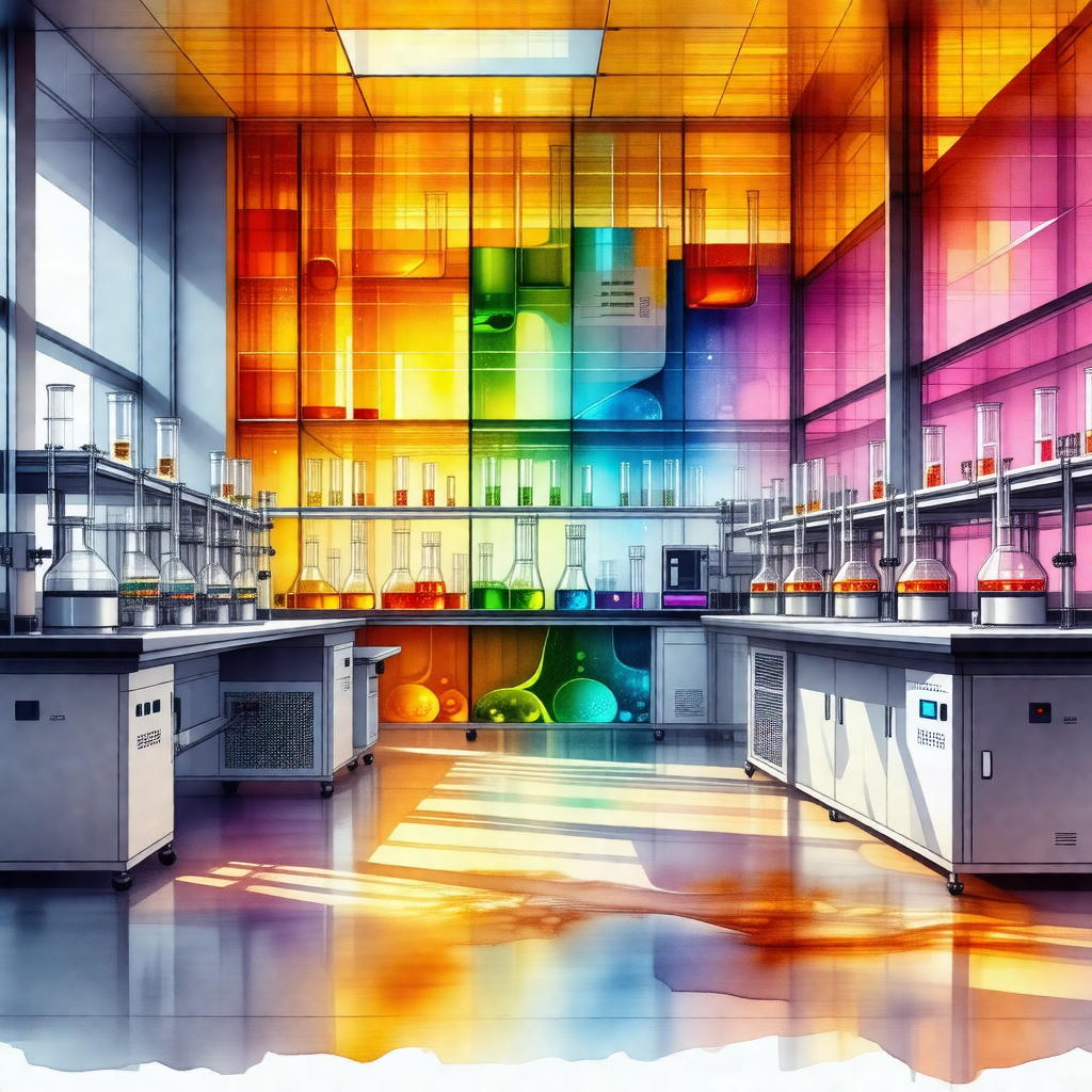 Colorful, computer-generated drawing of a laboratory