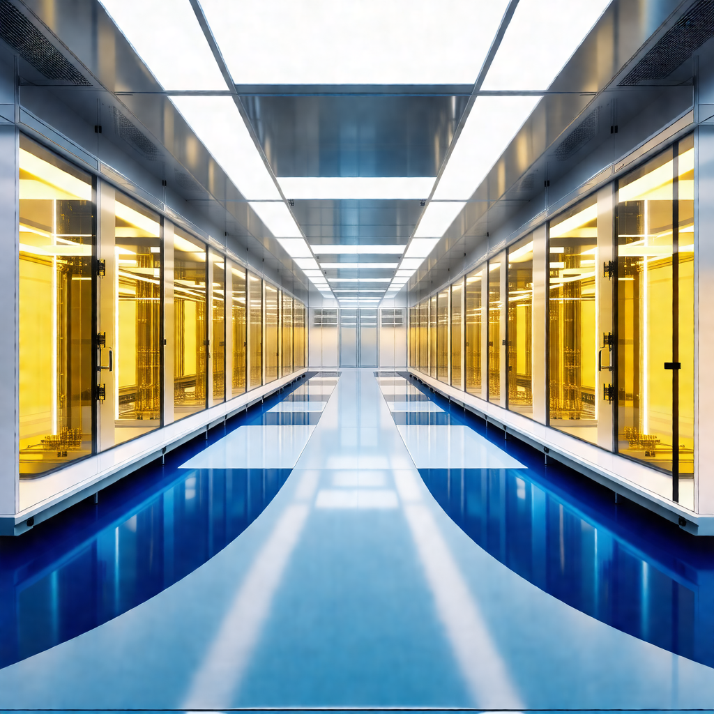 Long, narrow room with a blue floor