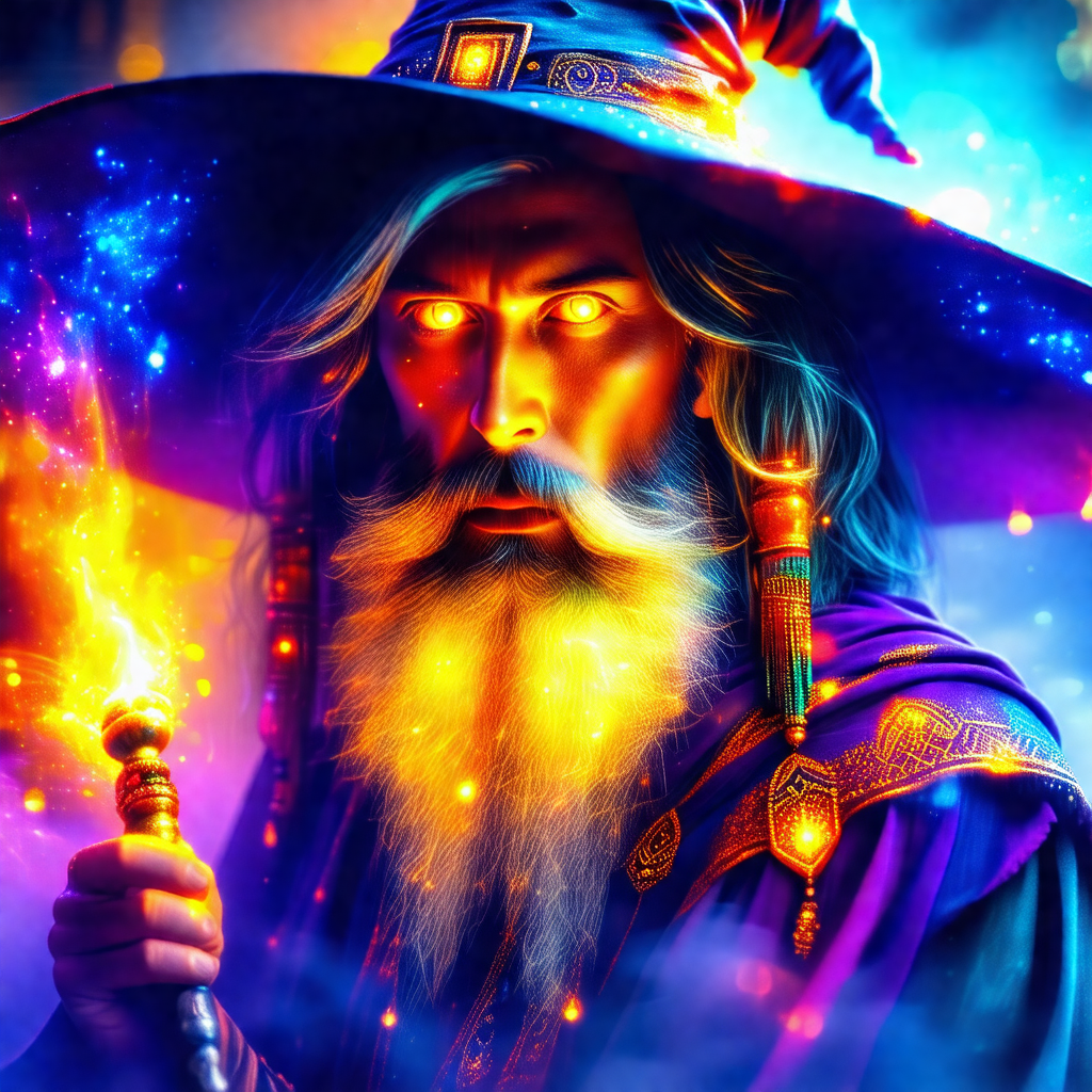 Wizard with a long beard and a pointy hat, standing in fr...