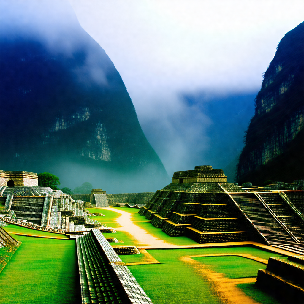 Large, ancient ruins site with a mountainous backdrop