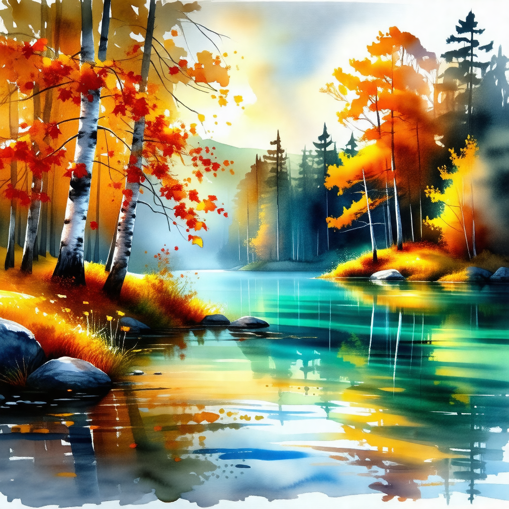 Painting of a forest with a body of water, possibly a lak...