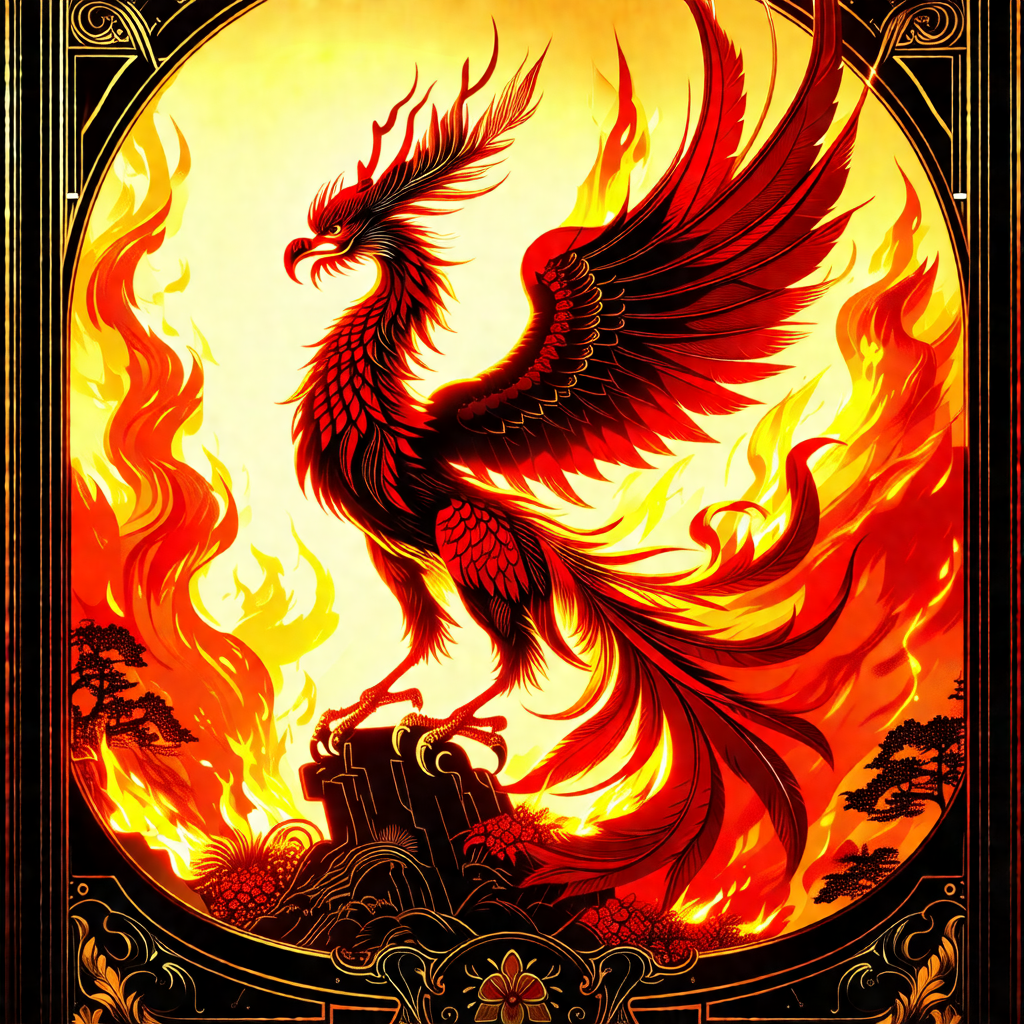Red dragon with a long tail, standing on a rock in the mi...