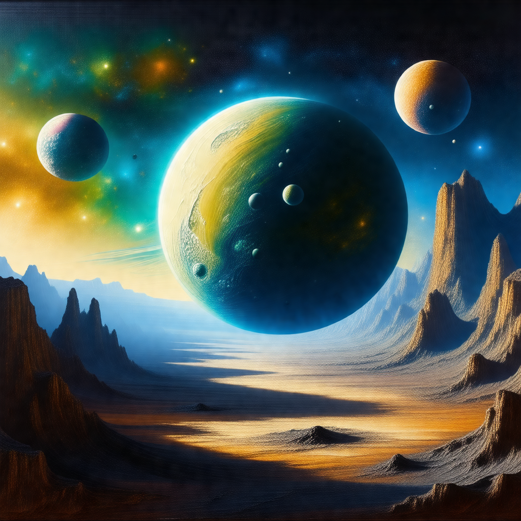 Painting of a planet with a large, blue, and green planet...