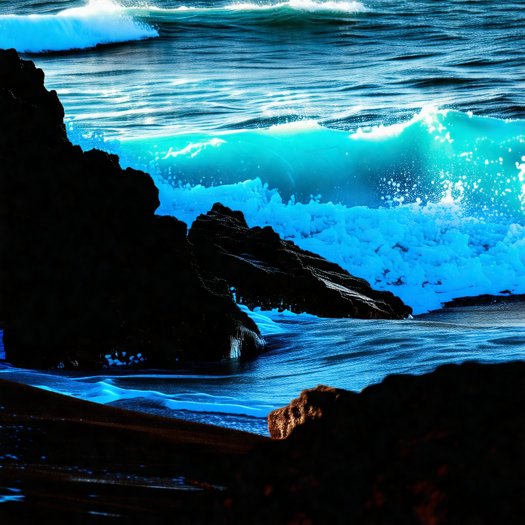 Captures a beautiful beach scene with a large rock juttin...