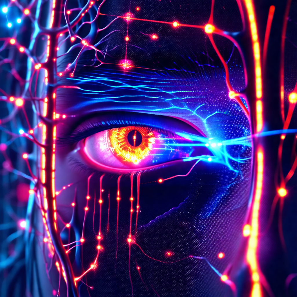 Close-up of a person's eye with a vibrant blue background
