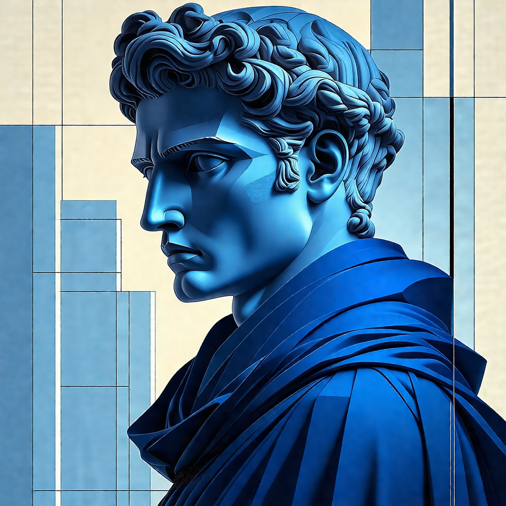 Statue of a man with a blue hue, possibly a roman statue
