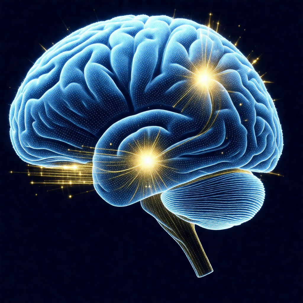 Close-up of a human brain, with a bright blue light illum...