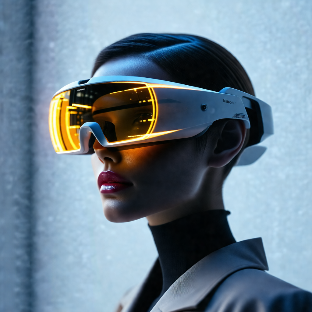 Woman wearing a pair of goggles, which are illuminated wi...