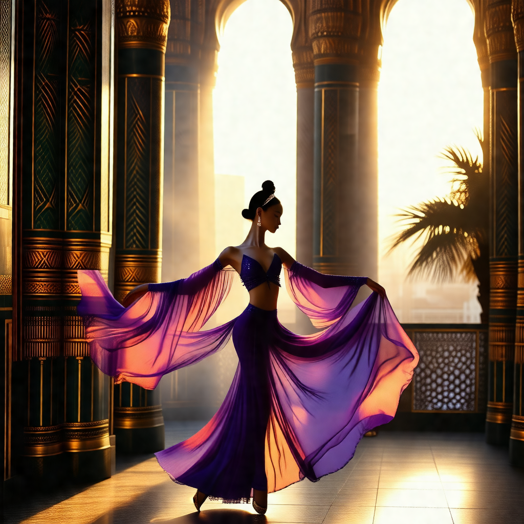 Woman dressed in a purple and pink outfit, standing in a ...
