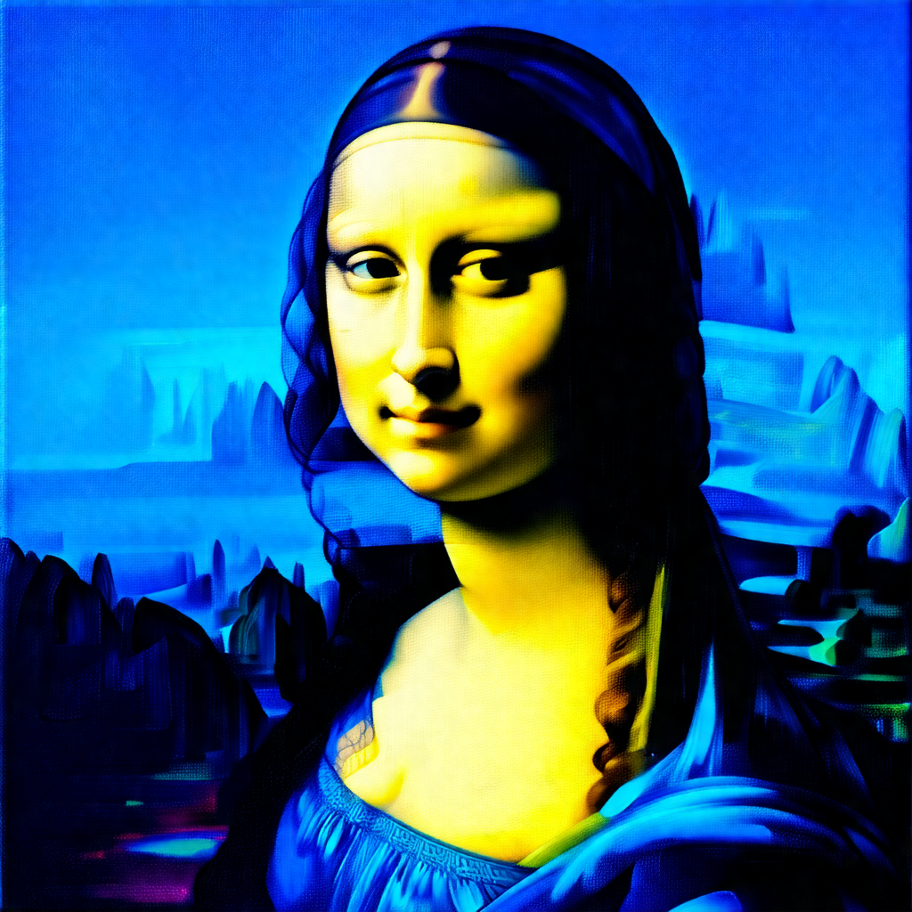 Painting of a woman with long hair, wearing a blue dress