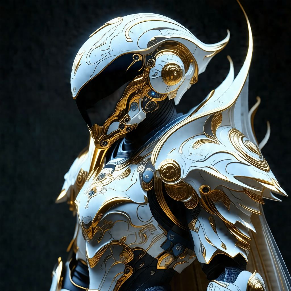Man wearing a futuristic, white and gold armor