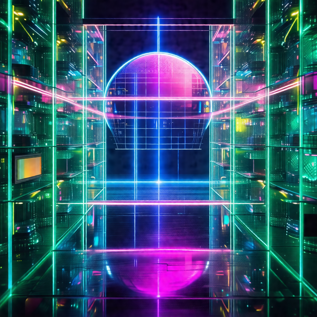 Futuristic room with a large, brightly lit display of neo...
