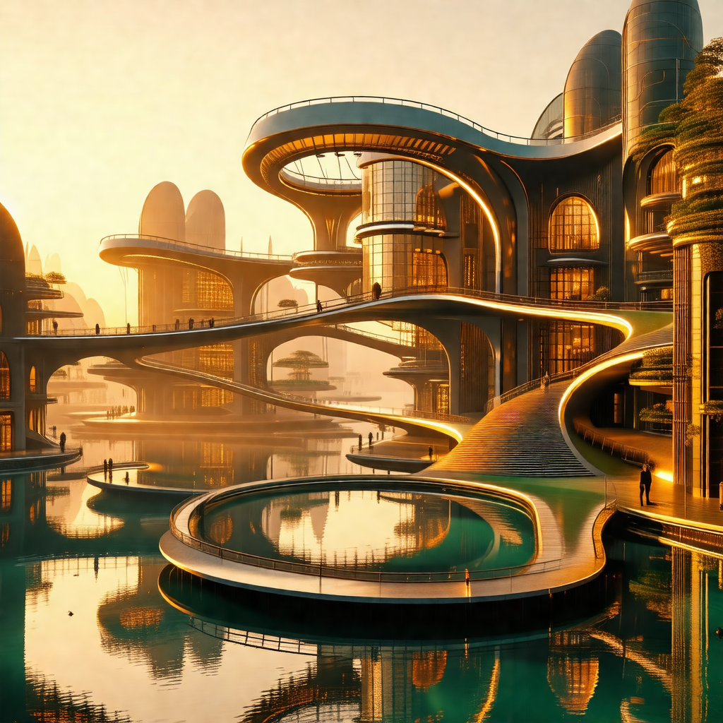 Futuristic cityscape with a large, curved building that r...