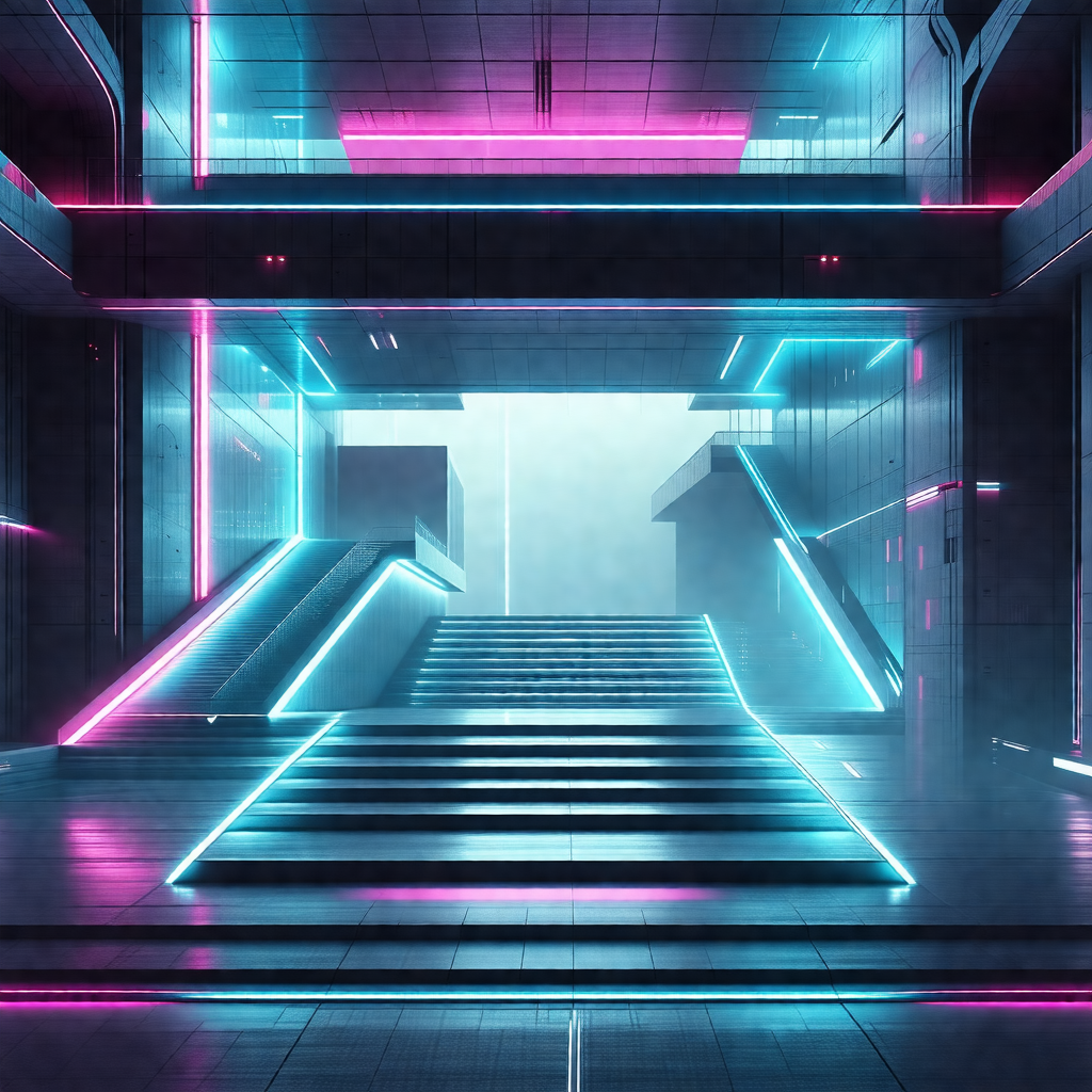 Futuristic, neon-colored scene of a staircase leading to ...