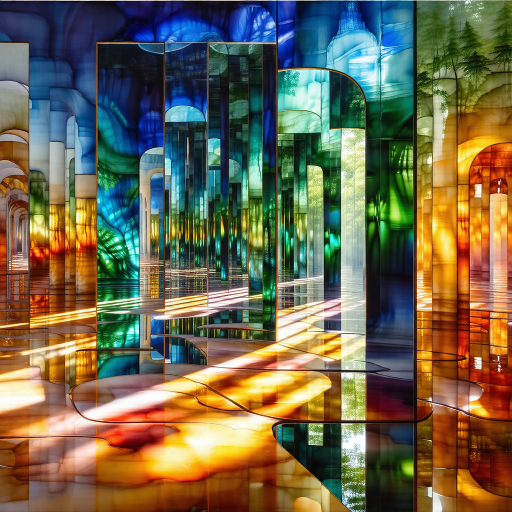 Large, colorful glass sculpture that resembles a forest