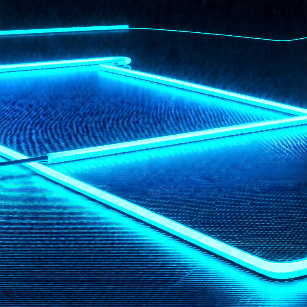 Blue neon light display, possibly a sign or a piece of art