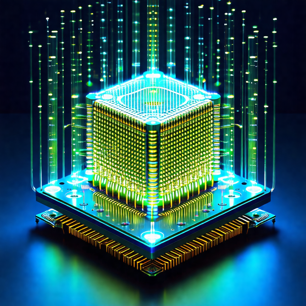 Futuristic, neon-lit structure that resembles a cube or a...