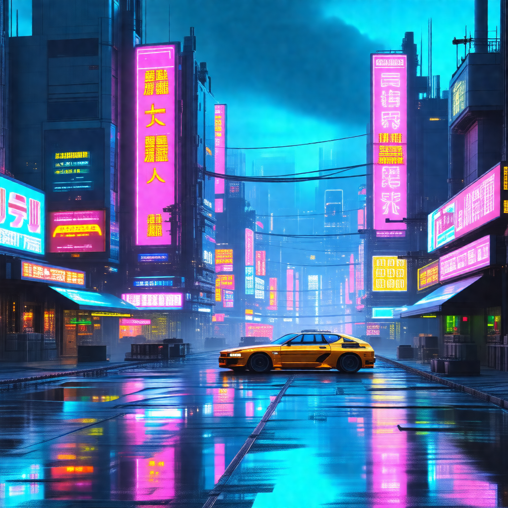 Colorful, futuristic cityscape with a yellow car driving ...