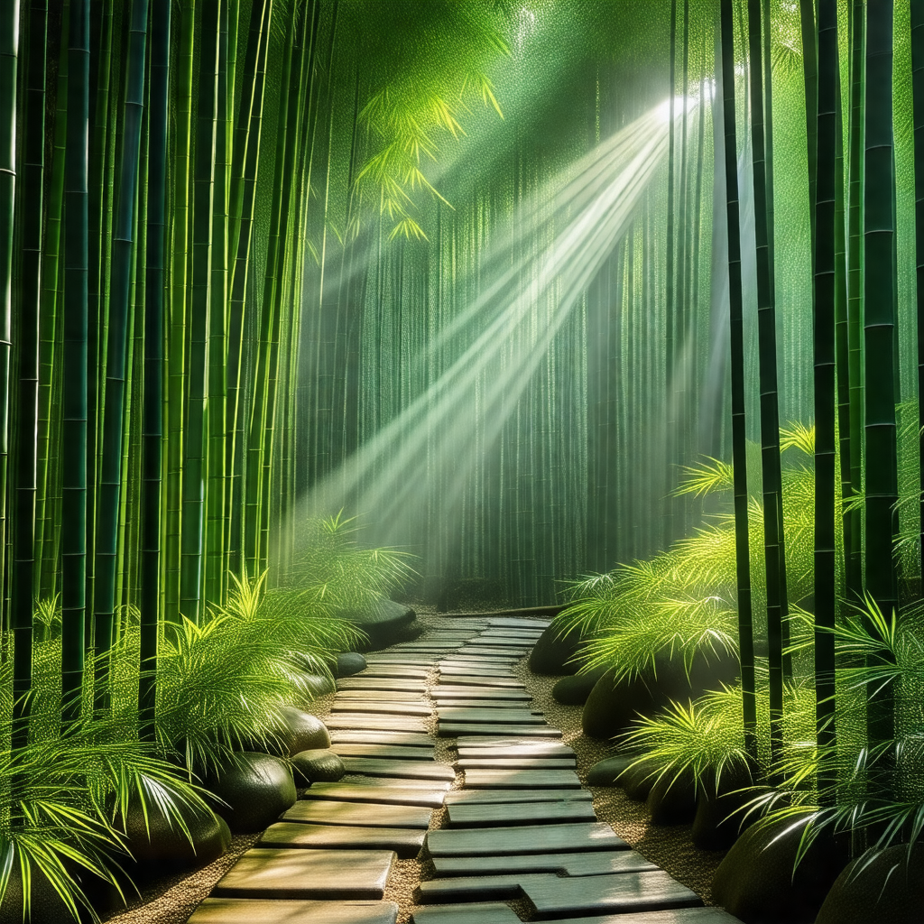 Pathway surrounded by a forest of bamboo trees