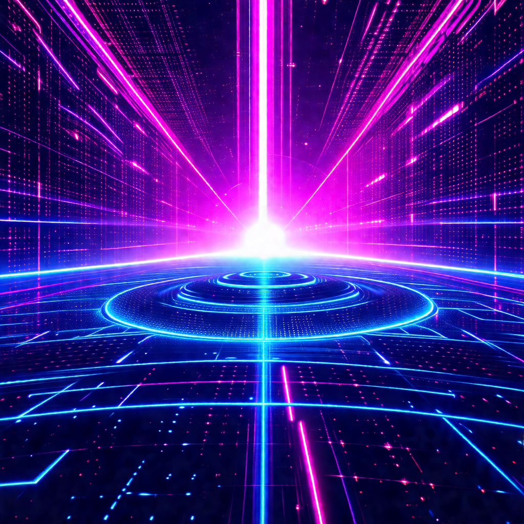 Futuristic, colorful, and abstract scene featuring a brig...