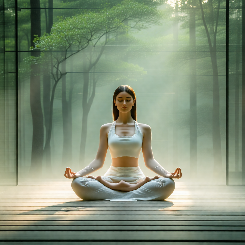 Woman sitting in a lotus position on a wooden floor
