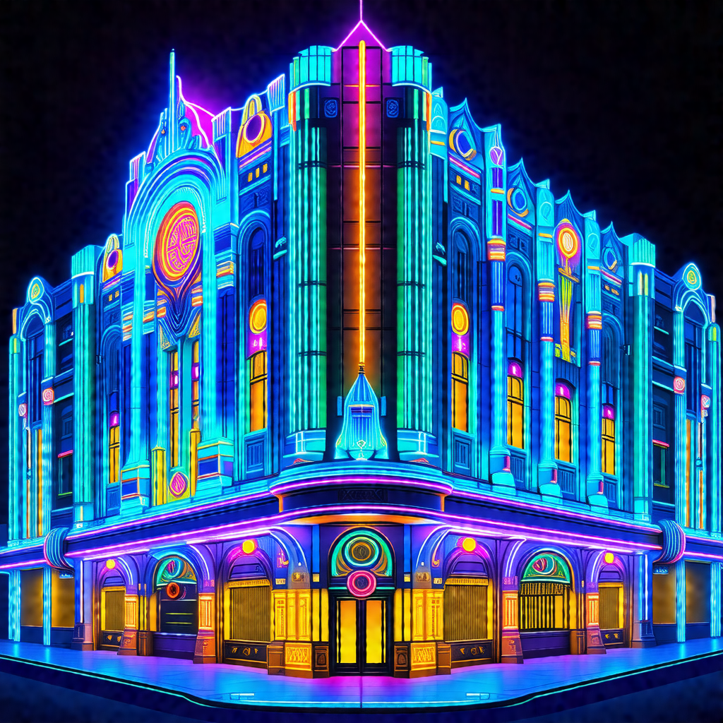 Large, colorful building with a purple and yellow facade