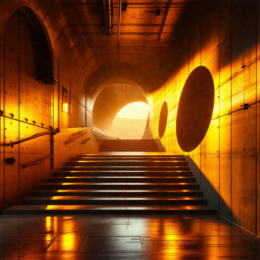 Staircase leading to a tunnel, with a bright sun shining ...