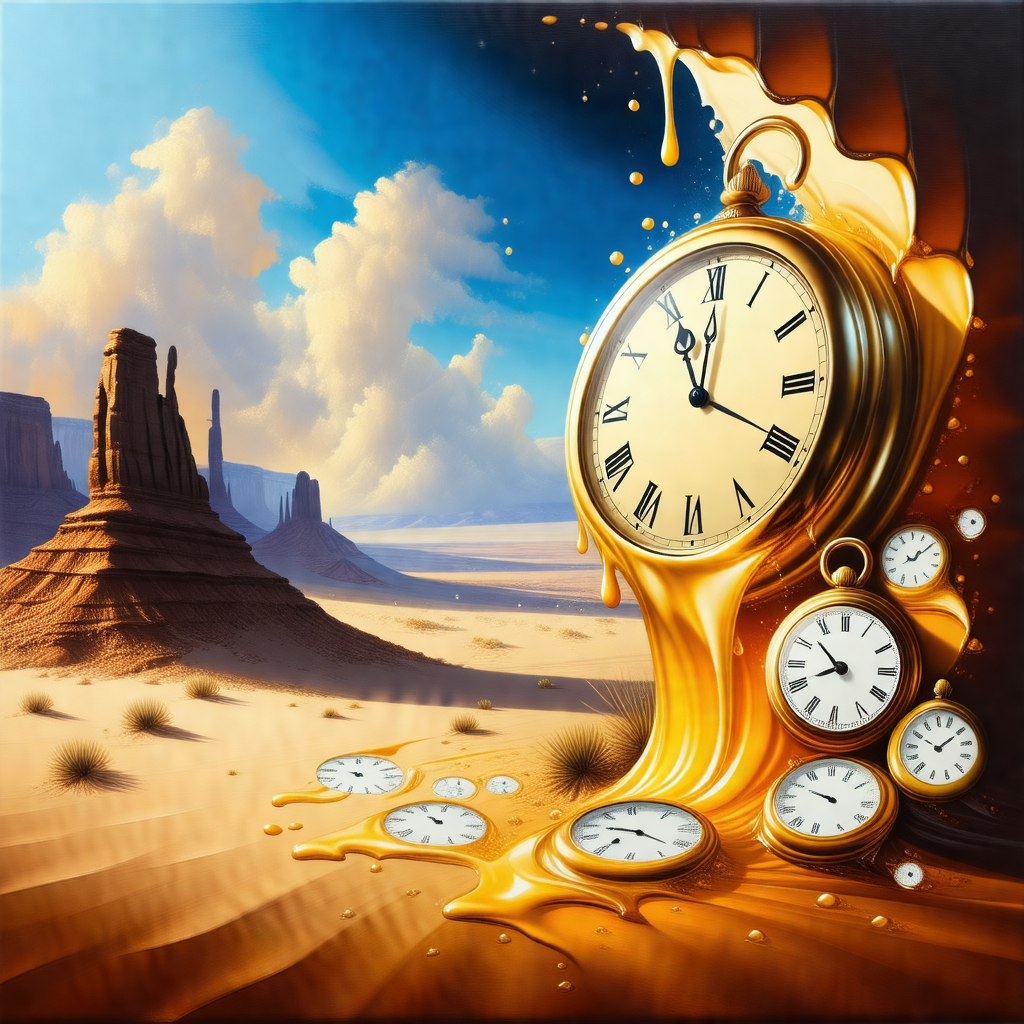 Clock with a golden liquid dripping from it, creating a v...