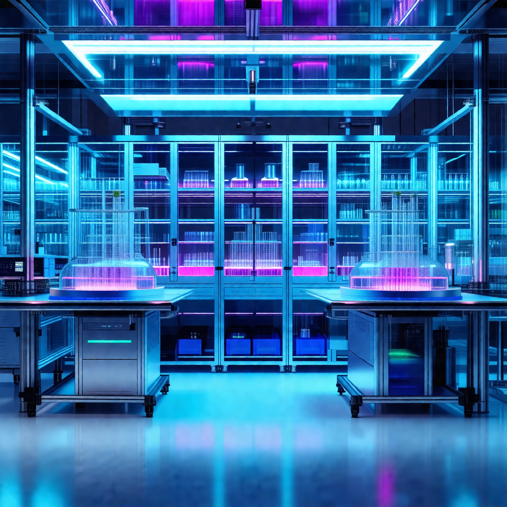 Large, well-lit laboratory with a row of shelves filled w...