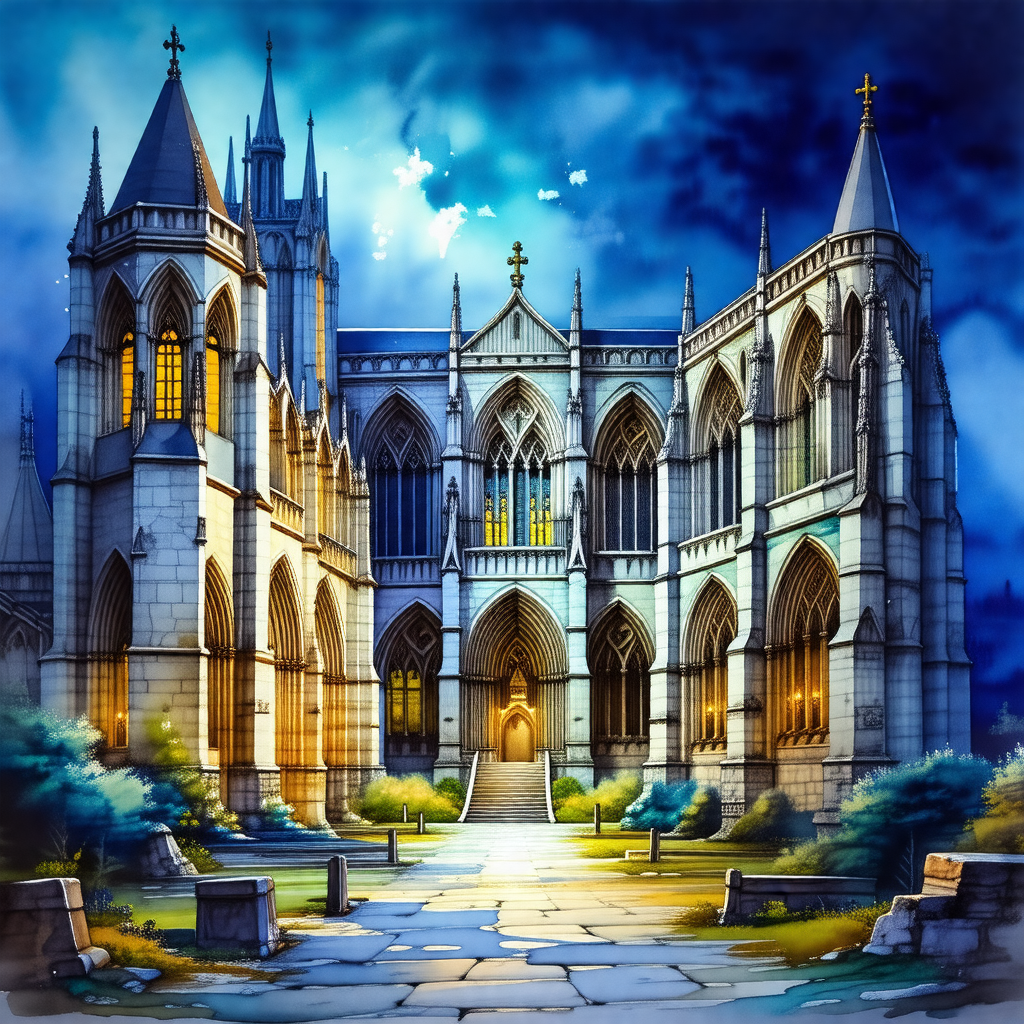 Painting of a large, old church with a cathedral-like app...
