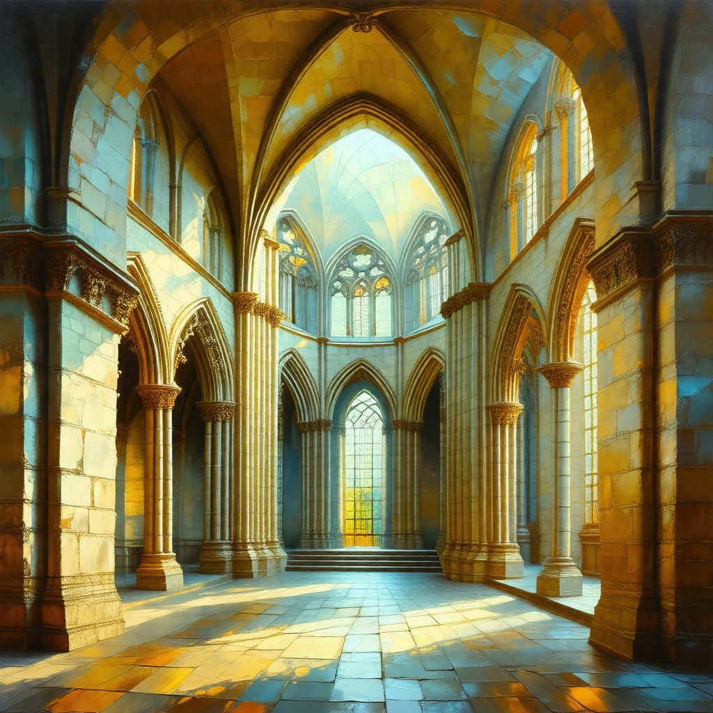 Painting of a large, ornate cathedral with a high vaulted...