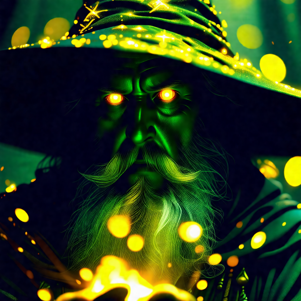 Man with a green hat and a beard, wearing a green robe