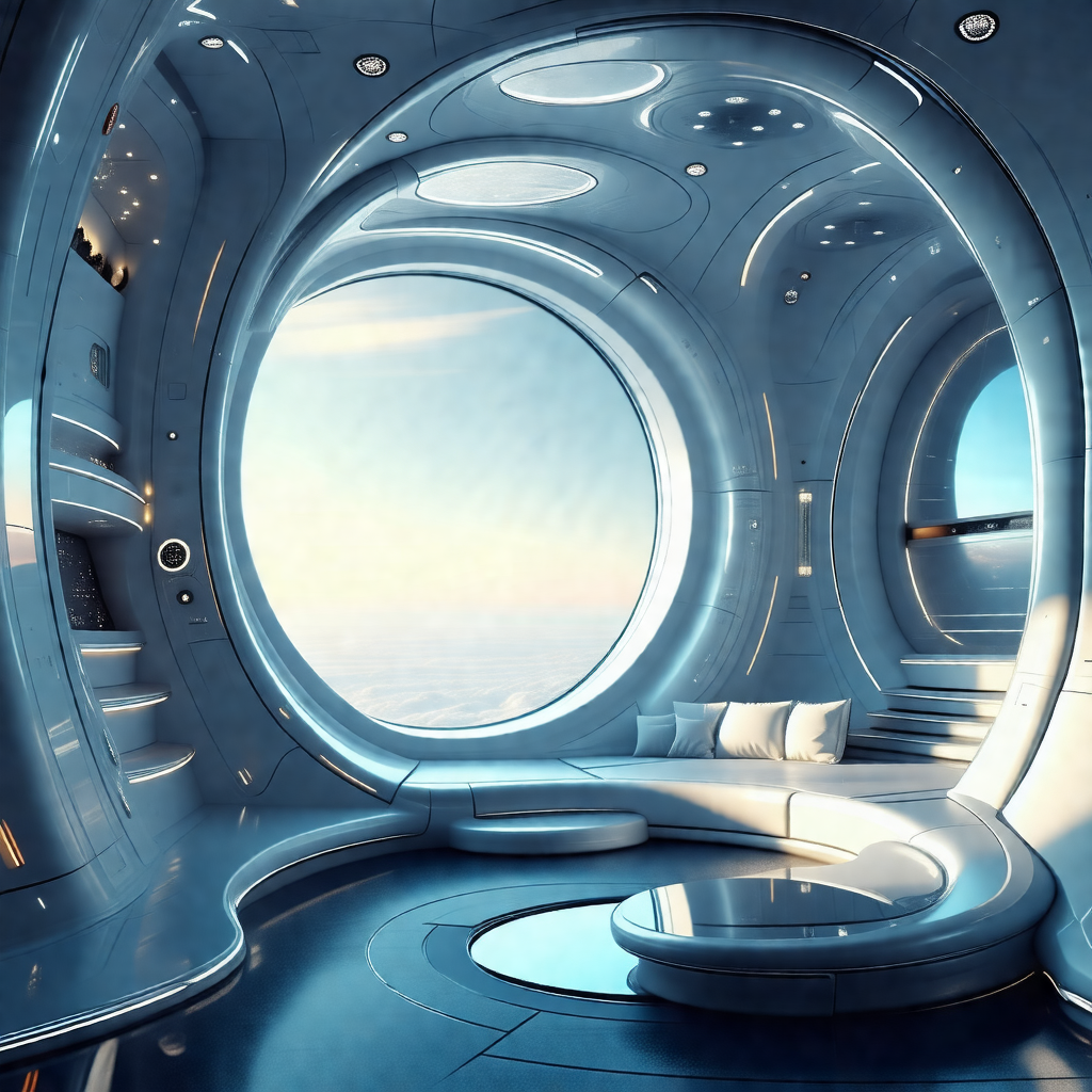 Futuristic, computer-generated room with a large, curved ...