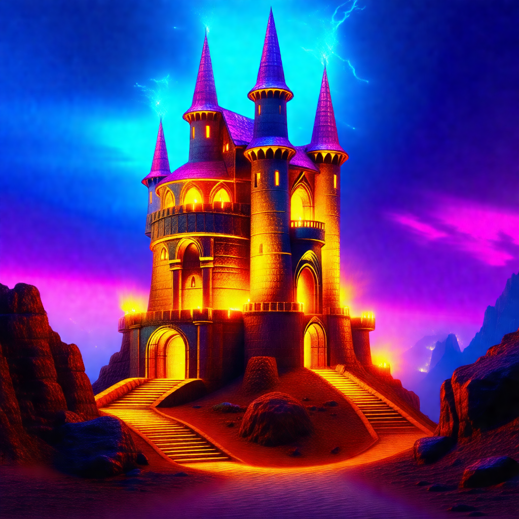 Large, colorful castle with a purple sky in the background