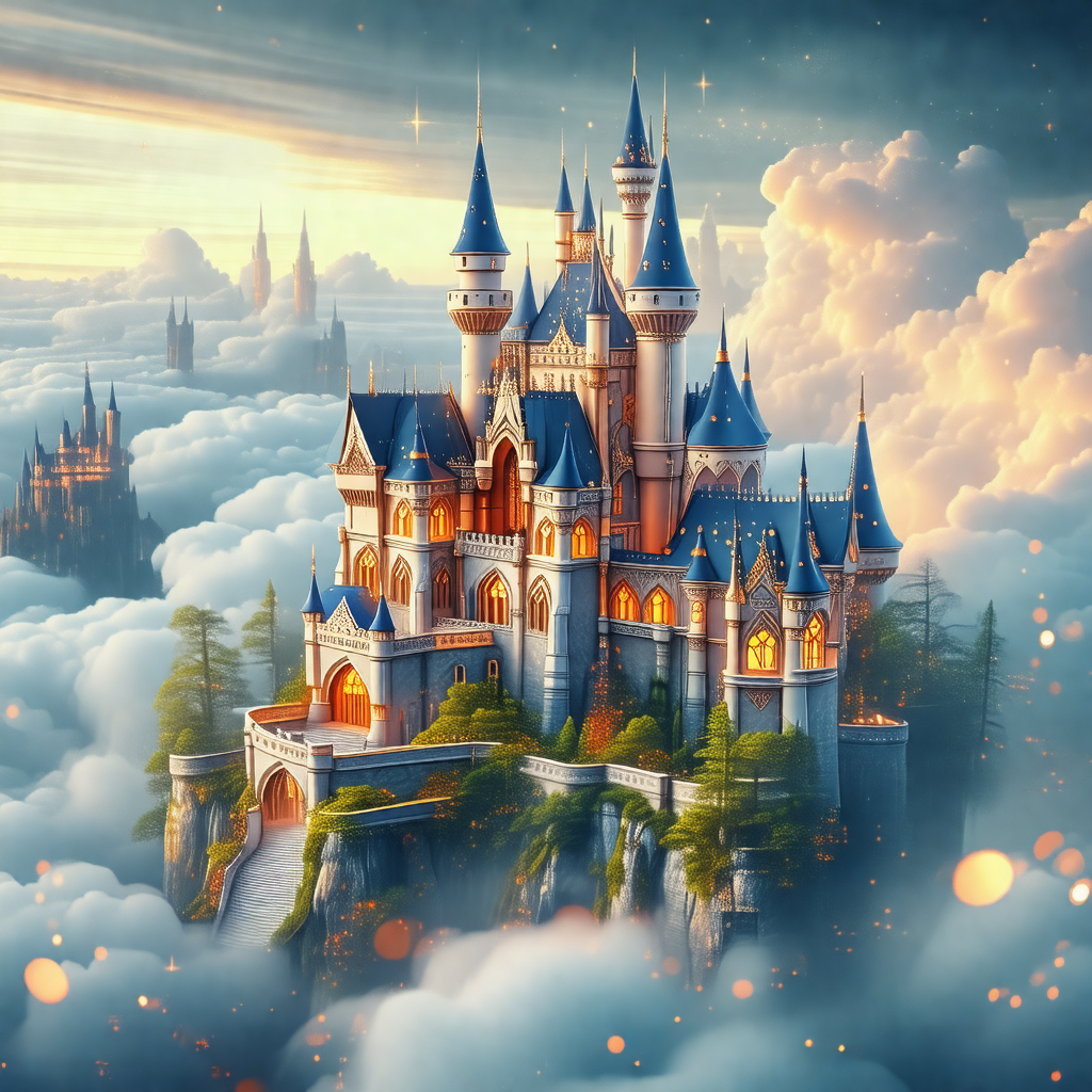 Beautifully drawn illustration of a majestic castle, situ...