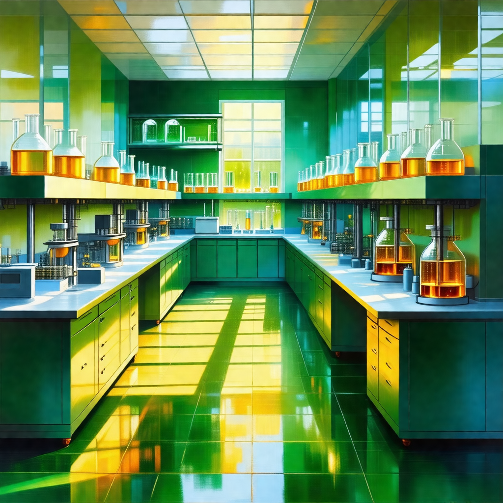 Large, well-lit laboratory filled with numerous bottles a...