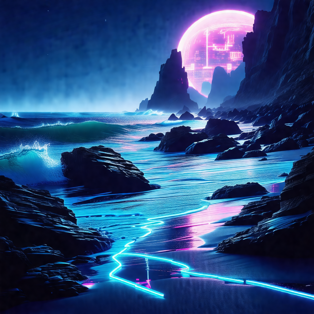 Beautiful beach scene at night, with a purple moon in the...