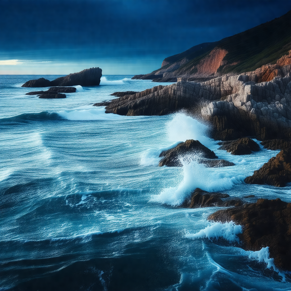 Captures a beautiful scene of the ocean with waves crashi...